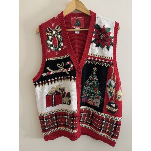 90s Avenue Christmas Sweater Vest Women Size 1X Button Cardigan - Picture 1 of 12